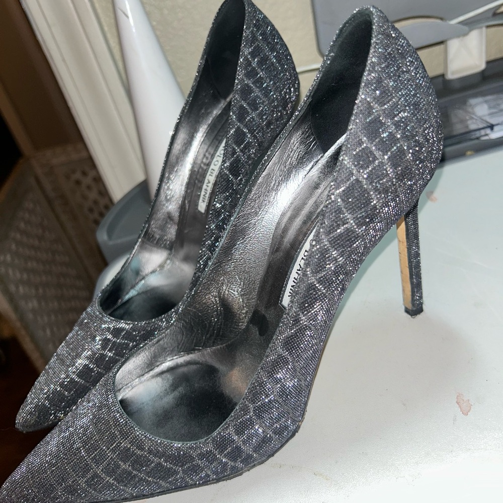 Manolo Blahnik Black Glitter Pointed-Toe Stiletto Heels